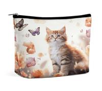 JKLQWH Leather Makeup Bag Waterproof Cosmetic Bag for Women Cute Kitten Butterfly Open Flat Toiletry Bags Portable Pouch With Zipper Make Up Organizer Case for Travel Accessories, Cute Kitten