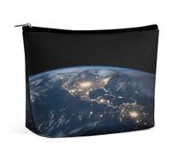 JKLQWH Leather Makeup Bag Waterproof Cosmetic Bag for Women Earth from The Outer Space Open Flat Toiletry Bags Portable Pouch With Zipper Make Up Organizer Case for Travel Accessories, Earth from The