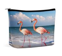 JKLQWH Leather Makeup Bag Waterproof Cosmetic Bag for Women Flamingo On The Beach Open Flat Toiletry Bags Portable Pouch With Zipper Make Up Organizer Case for Travel Accessories, Flamingo On The