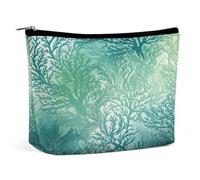JKLQWH Leather Makeup Bag Waterproof Cosmetic Bag for Women Green Sea Blue Seaweed Open Flat Toiletry Bags Portable Pouch With Zipper Make Up Organizer Case for Travel Accessories, Green Sea Blue