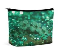 JKLQWH Leather Makeup Bag Waterproof Cosmetic Bag for Women Green Sparkly Spring Open Flat Toiletry Bags Portable Pouch With Zipper Make Up Organizer Case for Travel Accessories, Green Sparkly Spring