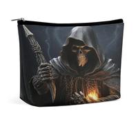 JKLQWH Leather Makeup Bag Waterproof Cosmetic Bag for Women Grim Reaper Open Flat Toiletry Bags Portable Pouch With Zipper Make Up Organizer Case for Travel Accessories, Grim Reaper, 6.8 × 2.3 × 5.9