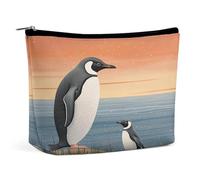 JKLQWH Leather Makeup Bag Waterproof Cosmetic Bag for Women Hand Drawn Penguin Open Flat Toiletry Bags Portable Pouch With Zipper Make Up Organizer Case for Travel Accessories, Hand Drawn Penguin, 6.8