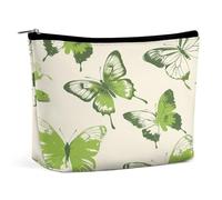 JKLQWH Leather Makeup Bag Waterproof Cosmetic Bag for Women Lime Green Butterfly Open Flat Toiletry Bags Portable Pouch With Zipper Make Up Organizer Case for Travel Accessories, Lime Green Butterfly