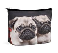 JKLQWH Leather Makeup Bag Waterproof Cosmetic Bag for Women Puppys Pug Open Flat Toiletry Bags Portable Pouch With Zipper Make Up Organizer Case for Travel Accessories, Puppys Pug, 6.8 × 2.3 × 5.9