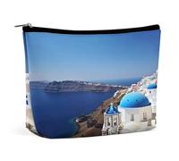 JKLQWH Leather Makeup Bag Waterproof Cosmetic Bag for Women Santorini Greek Island Sea View Open Flat Toiletry Bags Portable Pouch With Zipper Make Up Organizer Case for Travel Accessories, Santorini