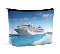 JKLQWH Leather Makeup Bag Waterproof Cosmetic Bag for Women Seaside Cruise Ship Open Flat Toiletry Bags Portable Pouch With Zipper Make Up Organizer Case for Travel Accessories, Seaside Cruise Ship