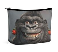 JKLQWH Leather Makeup Bag Waterproof Cosmetic Bag for Women Smiling Gorilla Photo Open Flat Toiletry Bags Portable Pouch With Zipper Make Up Organizer Case for Travel Accessories, Smiling Gorilla