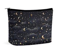 JKLQWH Leather Makeup Bag Waterproof Cosmetic Bag for Women Stars And Moon on Dark Background Open Flat Toiletry Bags Portable Pouch With Zipper Make Up Organizer Case for Travel Accessories, Stars