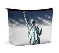 JKLQWH Leather Makeup Bag Waterproof Cosmetic Bag for Women Statue of Liberty Open Flat Toiletry Bags Portable Pouch With Zipper Make Up Organizer Case for Travel Accessories, Statue of Liberty, 6.8 ×