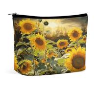 JKLQWH Leather Makeup Bag Waterproof Cosmetic Bag for Women Sunflowers after Rain Open Flat Toiletry Bags Portable Pouch With Zipper Make Up Organizer Case for Travel Accessories, Sunflowers after