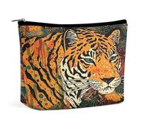 JKLQWH Leather Makeup Bag Waterproof Cosmetic Bag for Women Tiger Botanical Print Open Flat Toiletry Bags Portable Pouch With Zipper Make Up Organizer Case for Travel Accessories