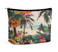 JKLQWH Leather Makeup Bag Waterproof Cosmetic Bag for Women Tropical Floral Pattern Open Flat Toiletry Bags Portable Pouch With Zipper Make Up Organizer Case for Travel Accessories, Tropical Floral