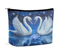 JKLQWH Leather Makeup Bag Waterproof Cosmetic Bag for Women Two White Swans Open Flat Toiletry Bags Portable Pouch With Zipper Make Up Organizer Case for Travel Accessories, Two White Swans, 6.8 × 2.3