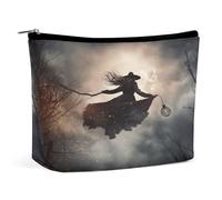 JKLQWH Leather Makeup Bag Waterproof Cosmetic Bag for Women Witch Flight Open Flat Toiletry Bags Portable Pouch With Zipper Make Up Organizer Case for Travel Accessories, Witch Flight, 6.8 × 2.3 × 5.9