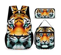 JKLQWH Little Fat Tiger Head Backpack 3pcs Set Large Capacity Computer Backpack Reusable Lunch Bag Portable Pencil Case