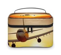 JKLQWH Makeup Bag Aircraft Plane at Sunset Printed Large Capacity Travel Make Up Bag for Cosmetics Vertical Storage Water-Resistant Leather Toiletry Organizer Skincare Makeup Organizer Bag, Aircraft