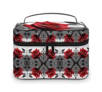 JKLQWH Makeup Bag Black And White Red Rose Printed Large Capacity Travel Make Up Bag for Cosmetics Vertical Storage Water-Resistant Leather Toiletry Organizer Skincare Makeup Organizer Bag, Black And