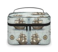 JKLQWH Makeup Bag Boat Map Printed Large Capacity Travel Make Up Bag for Cosmetics Vertical Storage Water-Resistant Leather Toiletry Organizer Skincare Makeup Organizer Bag, Boat Map, 25x18x15cm