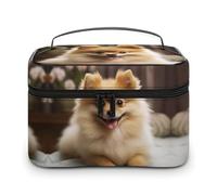 JKLQWH Makeup Bag Cute Pomeranian Dog Printed Large Capacity Travel Make Up Bag for Cosmetics Vertical Storage Water-Resistant Leather Toiletry Organizer Skincare Makeup Organizer Bag, Cute Pomeranian