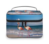 JKLQWH Makeup Bag Flamingo On The Beach Printed Large Capacity Travel Make Up Bag for Cosmetics Vertical Storage Water-Resistant Leather Toiletry Organizer Skincare Makeup Organizer Bag, Flamingo On
