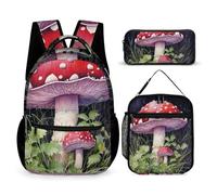 JKLQWH Mushrooms in The Grass Backpack 3pcs Set Large Capacity Computer Backpack Reusable Lunch Bag Portable Pencil Case