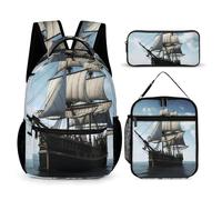 JKLQWH Old Sailing Ship Backpack 3pcs Set Large Capacity Computer Backpack Reusable Lunch Bag Portable Pencil Case