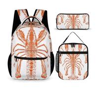 JKLQWH Orange Shrimp Pattern Backpack 3pcs Set Large Capacity Computer Backpack Reusable Lunch Bag Portable Pencil Case