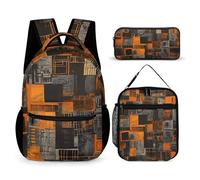 JKLQWH Orange Square Pattern Backpack 3pcs Set Large Capacity Computer Backpack Reusable Lunch Bag Portable Pencil Case