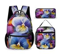 JKLQWH Pansy Perfection Backpack 3pcs Set Large Capacity Computer Backpack Reusable Lunch Bag Portable Pencil Case