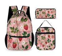 JKLQWH Peach Strawberry Print Backpack 3pcs Set Large Capacity Computer Backpack Reusable Lunch Bag Portable Pencil Case