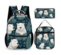 JKLQWH Polar Bear Pattern Backpack 3pcs Set Large Capacity Computer Backpack Reusable Lunch Bag Portable Pencil Case
