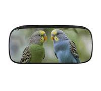 JKLQWH Pu Leather Pencil Case Waterproof Big Capacity Blue And Green Parakeets Pencil Pouch With Zipper Portable Pencil Bag For Office Supplies Makeup Bag