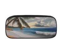 JKLQWH Pu Leather Pencil Case Waterproof Big Capacity Coconut Palm Tree Sandy Beach Pencil Pouch With Zipper Portable Pencil Bag For Office Supplies Makeup Bag
