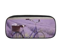 JKLQWH Pu Leather Pencil Case Waterproof Big Capacity Lavender Field Bike Pencil Pouch With Zipper Portable Pencil Bag For Office Supplies Makeup Bag