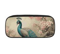 JKLQWH Pu Leather Pencil Case Waterproof Big Capacity Oriental Peacock on Flower Tree Pencil Pouch With Zipper Portable Pencil Bag For Office Supplies Makeup Bag