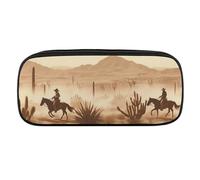 JKLQWH Pu Leather Pencil Case Waterproof Big Capacity West Desert Cowboys Riding Pencil Pouch With Zipper Portable Pencil Bag For Office Supplies Makeup Bag