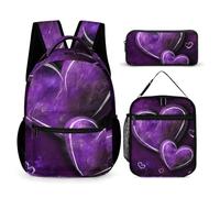 JKLQWH Purple Hearts Backpack 3pcs Set Large Capacity Computer Backpack Reusable Lunch Bag Portable Pencil Case