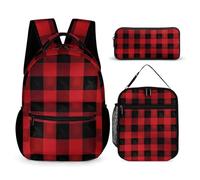 JKLQWH Red Black Buffalo Check Plaid Backpack 3pcs Set Large Capacity Computer Backpack Reusable Lunch Bag Portable Pencil Case