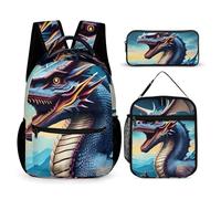JKLQWH Roaring Dragon Backpack 3pcs Set Large Capacity Computer Backpack Reusable Lunch Bag Portable Pencil Case