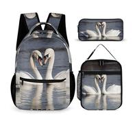 JKLQWH Romantic White Swan Backpack 3pcs Set Large Capacity Computer Backpack Reusable Lunch Bag Portable Pencil Case