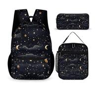 JKLQWH Stars And Moon on Dark Background Backpack 3pcs Set Large Capacity Computer Backpack Reusable Lunch Bag Portable Pencil Case