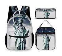 JKLQWH Statue of Liberty Backpack 3pcs Set Large Capacity Computer Backpack Reusable Lunch Bag Portable Pencil Case