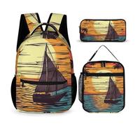 JKLQWH Sunset And Sailboat Backpack 3pcs Set Large Capacity Computer Backpack Reusable Lunch Bag Portable Pencil Case