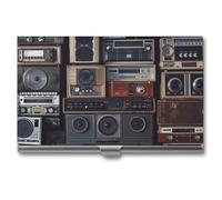 JKLQWH Vintage Wall of Radio Boombox Business Card Holder Personalization Aluminum Alloy Business Card Case Slim Portable Name Cards Holders For Men Women