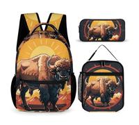 JKLQWH Wild American Bison Mountains Backpack 3pcs Set Large Capacity Computer Backpack Reusable Lunch Bag Portable Pencil Case
