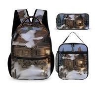 JKLQWH Wooden Rustic Log Cottage Scenery Backpack 3pcs Set Large Capacity Computer Backpack Reusable Lunch Bag Portable Pencil Case
