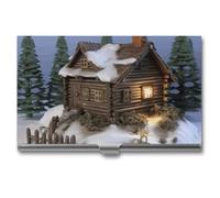 JKLQWH Wooden Rustic Log Cottage Scenery Business Card Holder Personalization Aluminum Alloy Business Card Case Slim Portable Name Cards Holders For Men Women