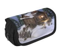 JKLQWH Wooden Rustic Log Cottage Scenery Pencil Case With Double Zipper Large Capacity Cosmetic Bag 2 Compartments Portable Pencil Pouch For Office Supplies, Cosmetics