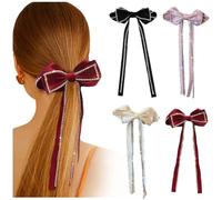 JKQBUX 4 Colors French Long tail Hair Bows Barrettes with Crystal Tassel, Fashion Hair Styling Ribbon Hair Bow Clips for Women Girls Party Wedding Accessories